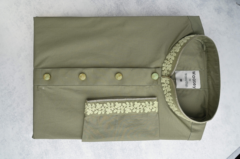Olive Green Panjabi with Contrasting Embroidery